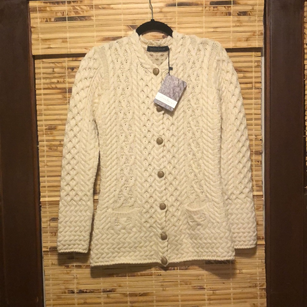 NWT Wool Ireland’s Eye Natural Aran Irish Cardigan Sweater Size Medium